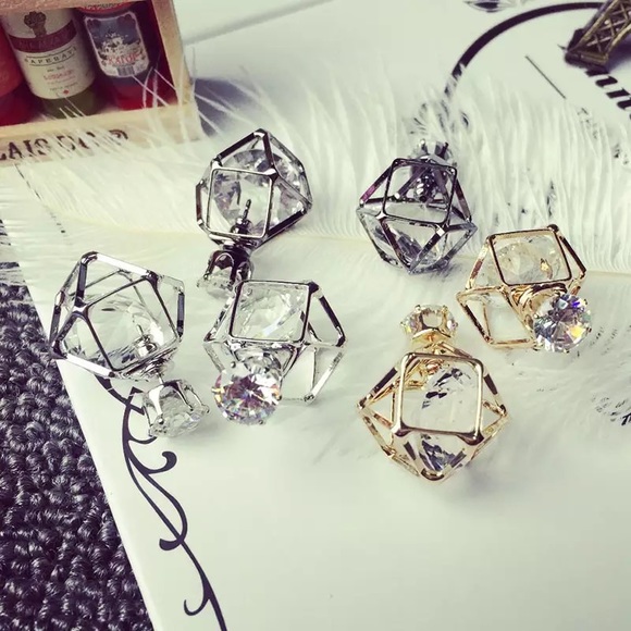 Geometric Double Stud Crystal Diamond Earrings - Picture 2 of 8